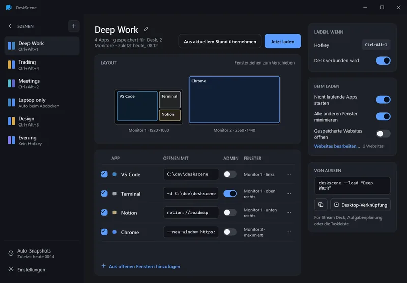 Szenen-Editor: Karte zweier Monitore mit den Fenstern VS Code, Terminal, Notion und Chrome, darunter die App-Tabelle, rechts die Einstellungen