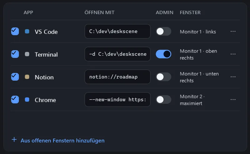 App-Tabelle: VS Code, Terminal (Admin an), Notion und Chrome, jeweils mit Startargumenten