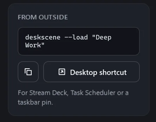 Editor card “From outside” with the command, a copy button and “Desktop shortcut”