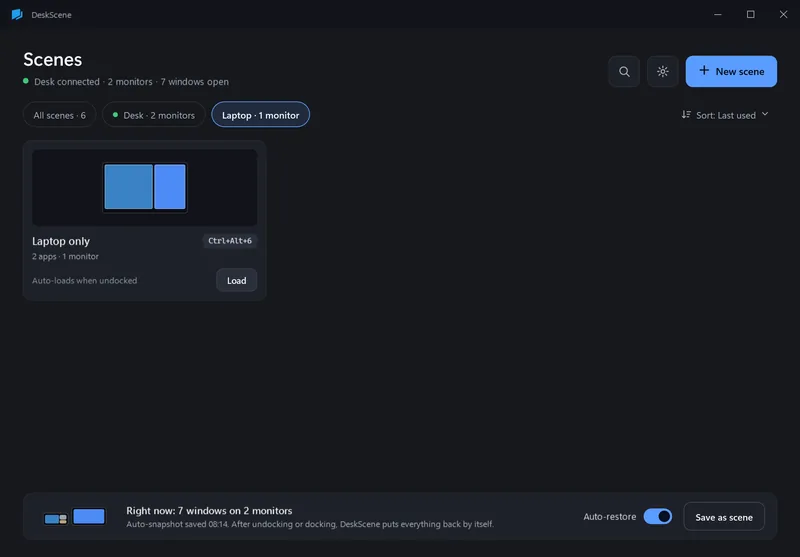 Gallery filtered to the setup “Laptop · 1 monitor” with the scene “Laptop only”, which loads automatically when undocked