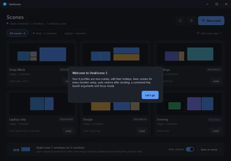 Welcome screen of DeskScene 2: your profiles are now scenes